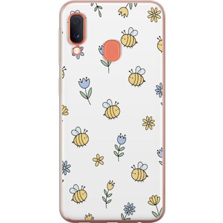 Kompatibelt Mobildeksel til Samsung Galaxy A20e Mønster med gule bier og små blomster på lys bakgrunn i leken stil