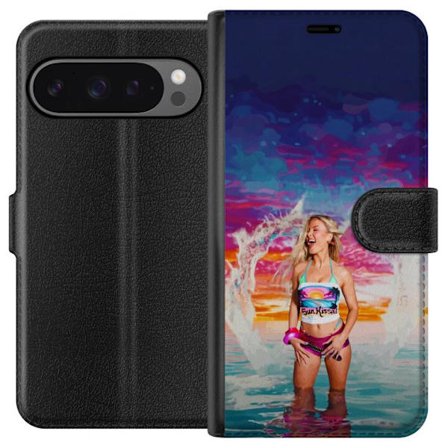 Yhteensopiva Lompakkokotelo Google Pixel 9 Pro XL Vaalea nainen kirjavia rantavaatteita pelaa meressä auringonlaskun aikaan