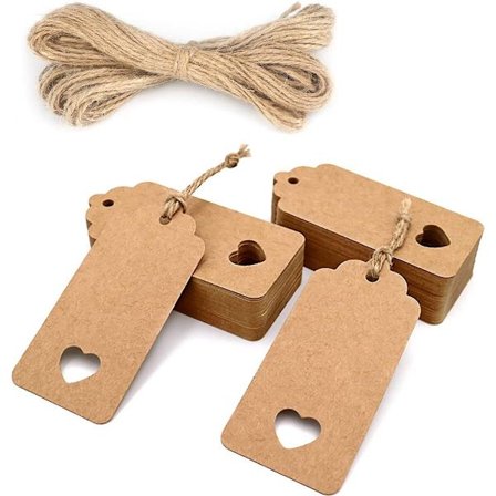 100x Etiketter av kraftkartong - Med 100 presentetiketter av jutesnöre 9,5 x 4,5 CM Hjärta Skrivbart papper Namn Blank Pris Multifunktionell etikett 