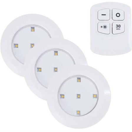 3 stk. trådløse LED-pucklys med fjernbetjening til underskabe