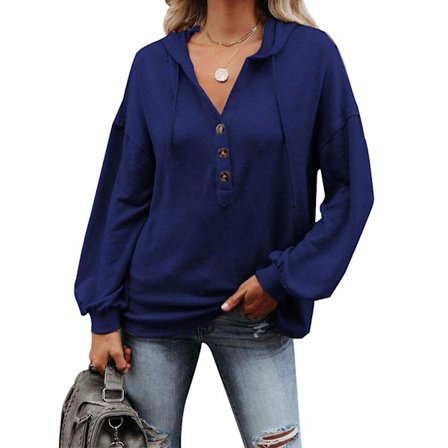 Damtröja med luvtröja med knäppning Casual långärmad tröja huvtröjor med dragsko Blusar med V-ringning_R Blue