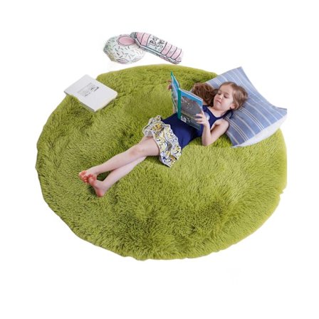 Gräsgrön rund matta för sovrum, fluffig cirkelmatta 2X2Ft för barnrum, lurvig matta för tonårsrum, lurvig matta för barnrum, luddig plyschmatta för