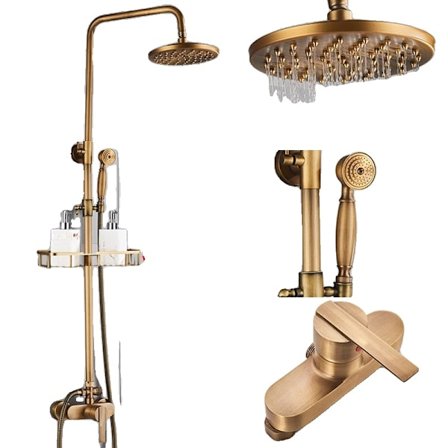 Brass Antik Badrum Duschkran Set, 8 Tum Rund Duschhuvud, Höjdjusterbar,FTIE1-J