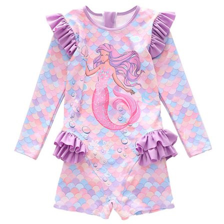 Pige-Havfrue Ruffle Langærmet Badedragt med UV-Beskyttelse