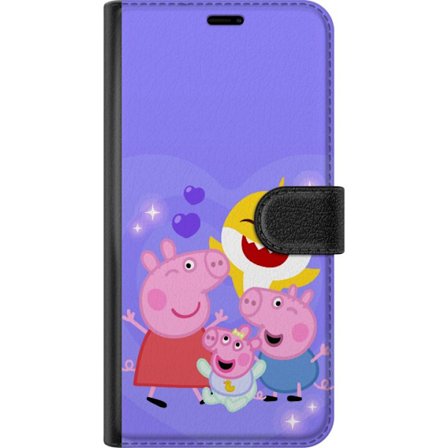 Yhteensopiva Lompakkokotelo Xiaomi 15 Pro Peppa Possu -kuviot sydämillä, perhosilla ja ystävillä, vaaleanpunainen tausta pehmeissä lasten kuvituk