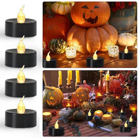 12 stk. LED-lys (sort), flammefri LED-tealights, flimrende elektriske lys, indendørs og udendørs stemningsdekoration til Halloween, bryllupper, fester