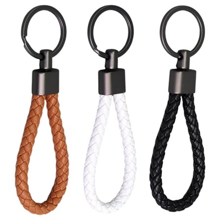 3-delad flätad PU-lädernyckelring - Läderbilnyckelring - Arbetsband - (Svart + Vit + Brun) En Storlek