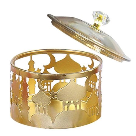Ramadanbakker med låg - Metal Guld Eid Mubarak Bakke Ramadan Fad Slikskål Madopbevaringsbeholder Kagedåse Smykkeskrin_jar