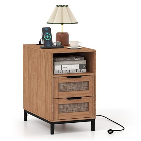 Natbord med ladestation og 2 skuffer, rotting og træ