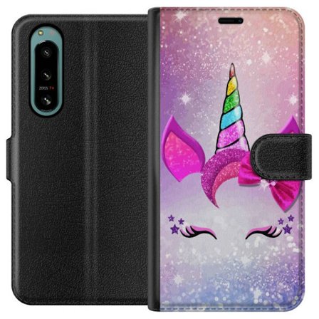 Kompatibelt Plånboksfodral till Sony Sony Xperia 5 IV Minimalistiskt enhörningsansikte med regnbågshorn, rosa bakgrund, glitterdetaljer och stilren