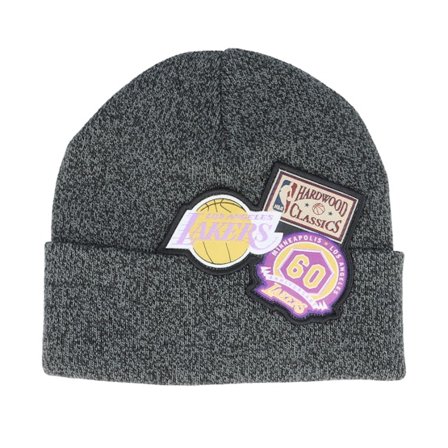 Mitchell & Ness - NBA Zwart cuff Beanie - Los Angeles Lakers XL Logo Patch Knit Heather Black Cuff @ Hatstore