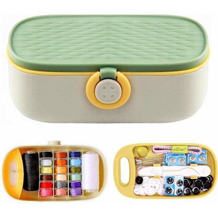Bærbart sysett med nål og tråd i plastkoffert, kompakt reisesysett for voksne, grønn