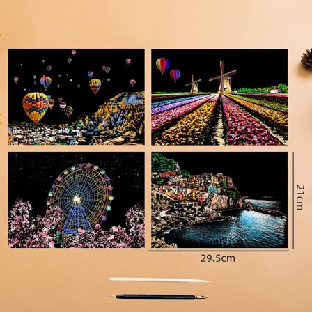 4 st Scratch Art Paper Set - Världslandmärken och djur, Glow in Dark, Stress Relief Craft för barn och vuxna