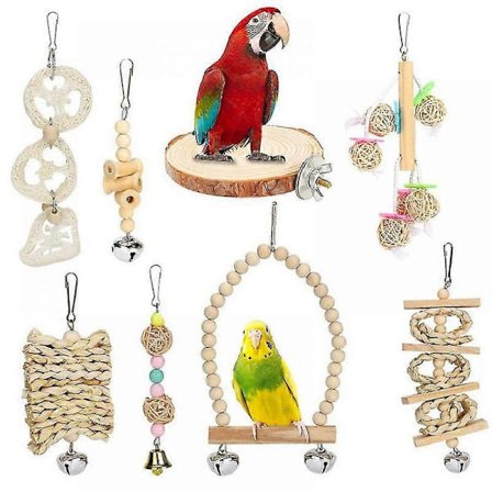 Pakke med 8 Papegøyeleker Fugleleke Treplattform Huske Sete for Undulater Kakaduer Ara Papegøyer