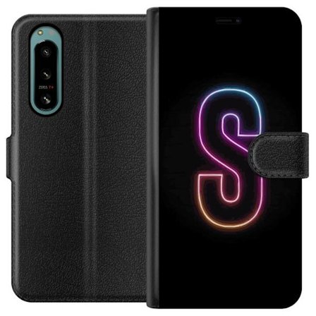 Yhteensopiva Lompakkokotelo Sony Sony Xperia 5 IV Neonkirjain S kirkkaissa pinkissä ja sinisissä sävyissä tummaa taustaa vasten, siisti kirjaintai