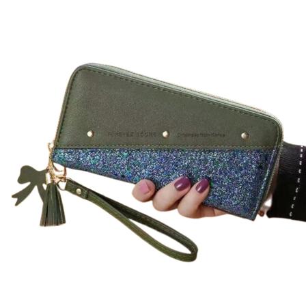 Damplånbok Clutchväska Glitter Splicing Pu Läder Dragkedja Card Mobilhållare Plånbok green