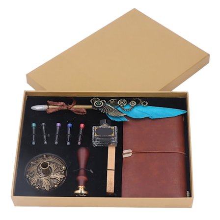 Fjærpennsett Retro Utsøkt Brannmaling Voks Tomt Blekkhus Blekkpose Base Bok Stempel Fjærpennsett Blå