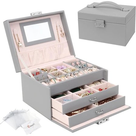 Smykkeskrin Organizer, 3 Lag PU Lær Smykkeoppbevaringsveske med Speil og Lås, Låsbart Smykkeskrin med 2 Skuffer for Ringer Grå