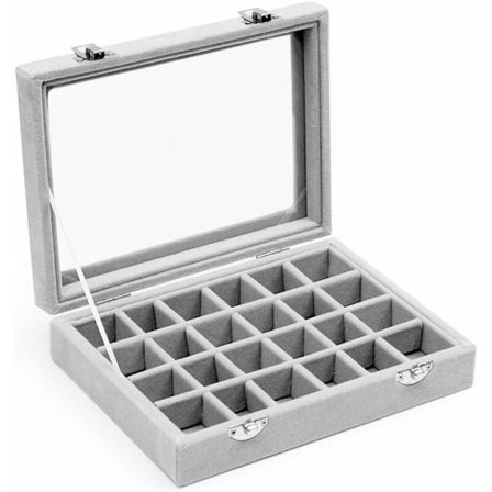 Smyckeskrin med 24 fack, smyckesdisplay med glaslock, förvaring