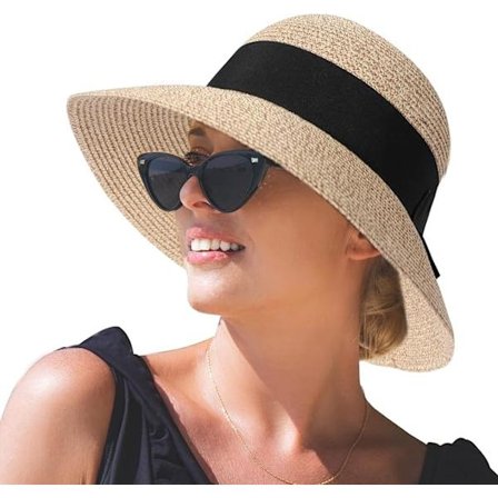 Solhatt for kvinner, sammenleggbar med bred brem, 56-59 cm