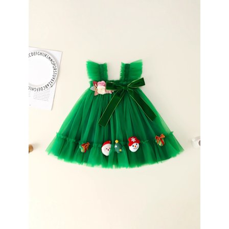 Julekjole til barn med sommerfuglknute og netting - Grønn - 90cm