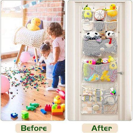 Oppbevaringspose for kosedyr over døren, kosedyrorganisator med 4 store lommer, hengende nettingposer for baby Plus-r