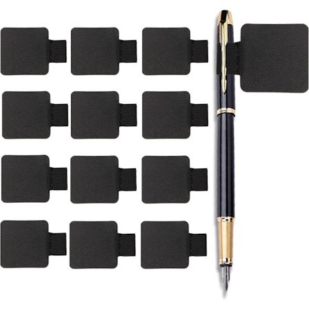 12-pack - Självhäftande pennhållare - Självhäftande pennhållare i läder med elastiska ringar - Tillbehör till anteckningsböcker - svart