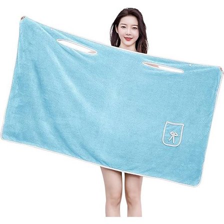 Blød koralfleece damebadekåbe med lommer - 150x80cm - lyseblå - trykknaplukning - tyk u0026 absorberende - off-the-shoulder design