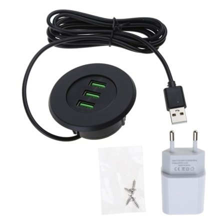 3-porttinen USB-pöytälaturi Pöytälaturiasema kiinnitetään 2,0 tuuman / 50 mm läpireikään adapterilla ja 1,5 m virtajohdolla
