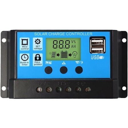 Solpanel laddningsregulator, 12V/24V, 30A, LCD-display, dubbla USB-port