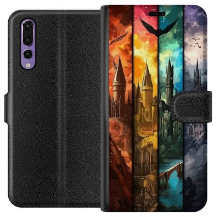 Kompatibel Tegnebogsetui til Huawei Huawei P20 Pro Fire magiske slotte i forskellige elementfarver, episk fantasykunst med ild vand luft og mørke i d