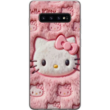 Kompatibelt Mobildeksel til Samsung Galaxy S10 Hello Kitty rosa fluffy bakgrunn med ikoniskt ansikt og kawaii-estetikk