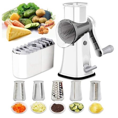 Rotations Rivejern, 5-i-1, med Flip Box, Grøntsagsskærer, Vaffelskærer, Nøddehakker, med Håndtag og Stærk Sugekop, Hvid