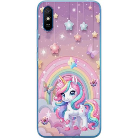 Kompatibel Mobilcover til Xiaomi Redmi 9A Magisk enhjørning med regnbue manke, stjerner og sommerfugle mod en pastelfarvet himmel med skyer
