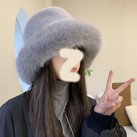 Fuskepels fluffy bøttehatt, varm lue, grå