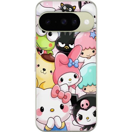 Kompatibelt Mobildeksel til Google Pixel 10 Tett mønster av søte figurer med store øyne i ulike farger og uttrykk med LABUBU-tekst
