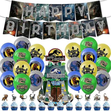 Jurassic World Dinosaur Tema Fødselsdagsfest Dekoration Tilbehør Balloner Banner Cupcake/Kage Topper Sæt