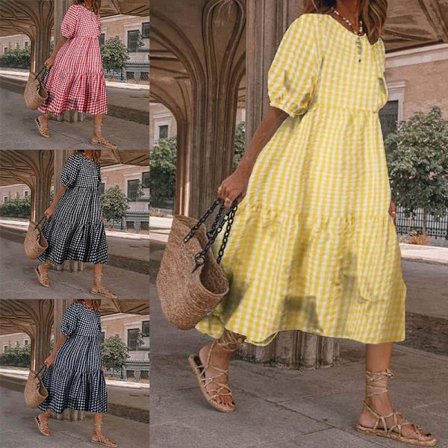 Dam Lång Rutig Sömmar Lös Dockkjol Klänning Strandkjol Svart_yu