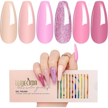 UV-nagellack, 6 färger, glitterrosa, mörkrosa, ljusrosa, violettröd, nakenrosa