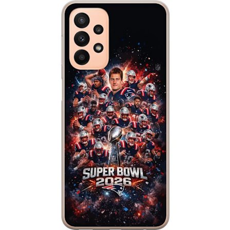 Yhteensopiva Puhelinkuori Samsung Galaxy A23 Super Bowl 2026 juliste, jossa New England Patriots ja NFL-mestaruuspalkinto räjähtävän urheilullisessa s