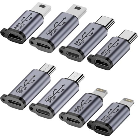 USB-C - Micro USB -sovitin, Typ C/Micro USB naaru Lightning uros -muunnin, Micro USB - USB-C -jatkojohto (8-pakkauksessa)