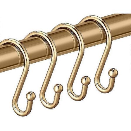 Dusjforhengkroker i messing, sett med 12 metalliske dusjringer, gull dekorativ premium rustbestandig S-formede kroker, baderomsforhenghenger, stoff