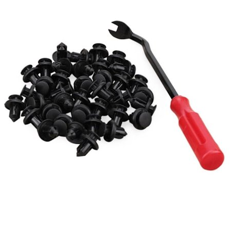 40 stk 10 mm trykknapper i plast med fjærbelastet festeklips og et verktøy for å fjerne spenner