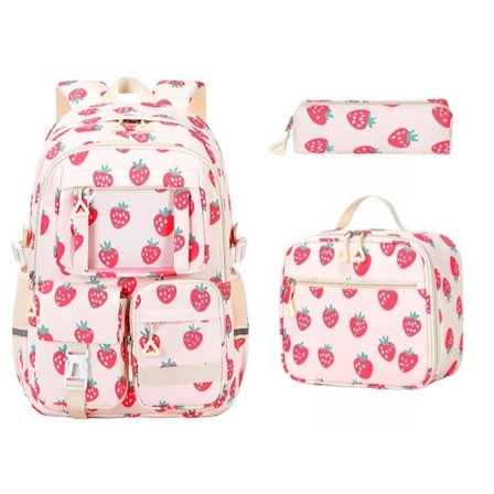 Skolesekk Ryggsekk for Jenter 3-delt Sett med Matboks og Kawaii Design