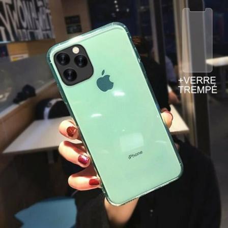 Etui til iPhone 12 Pro + Skærmbeskytter i hærdet glas, Blødt silikone Bumper Beskyttelsesetui Klargrøn