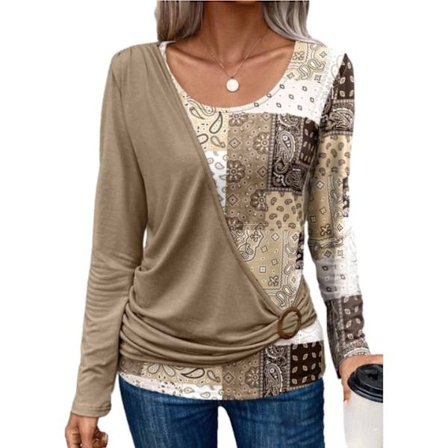 Dame Strikket Skjorte med Trykt Design, Langærmet, Casual