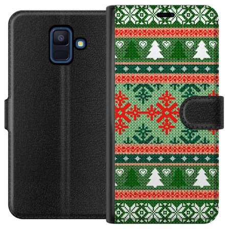 Samsung Galaxy A6 (2018) Tegnebogsetui Jule-inspireret strikkeopskrift i rødt, grønt og hvidt med snefnug, hjerter og grantræer der skaber en klass