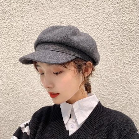 /EA/Dybgrå Dame Beret Blød Hue Efterår Vintage Baskerhat Visir Wi