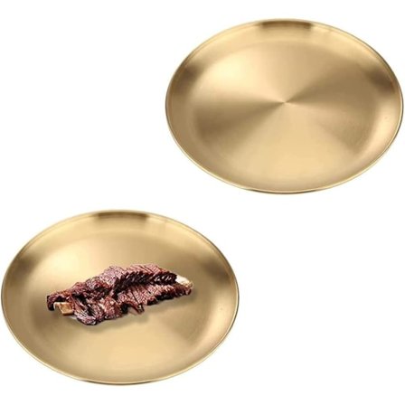 Sæt med 2 dekorative bakker i rustfrit stål, runde tallerkener i rustfrit stål, serveringsbakker, grilltallerkener (20 cm, guld)