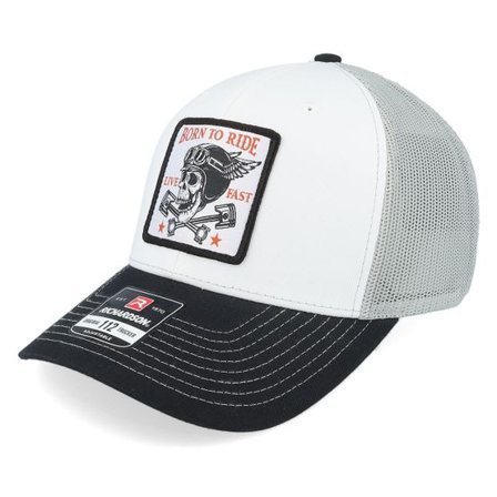 Born To Ride - Vit trucker Keps - Skull & Pistons Patch White/Aluminum/Black Trucker @ Hatstore